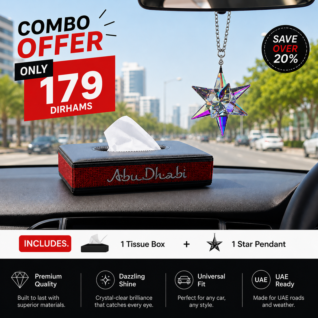 Premium Car Combo – Crystal Hanging Star + Abu Dhabi Crystal Shing Tissue Box
