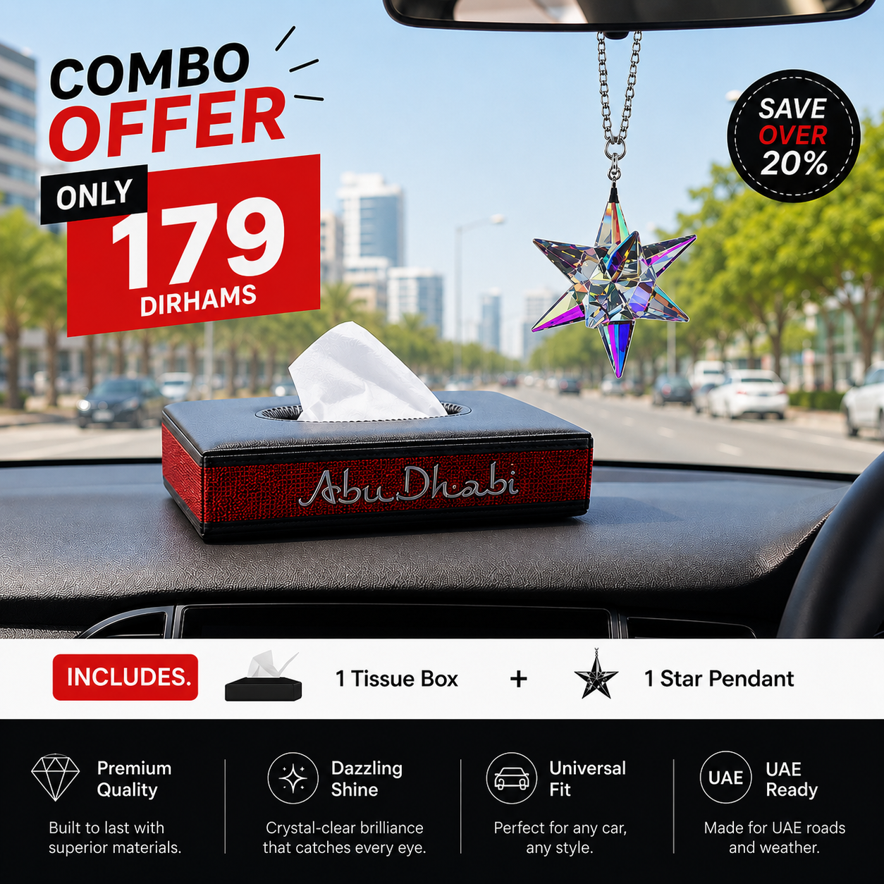 Premium Car Combo – Crystal Hanging Star + Abu Dhabi Crystal Shing Tissue Box
