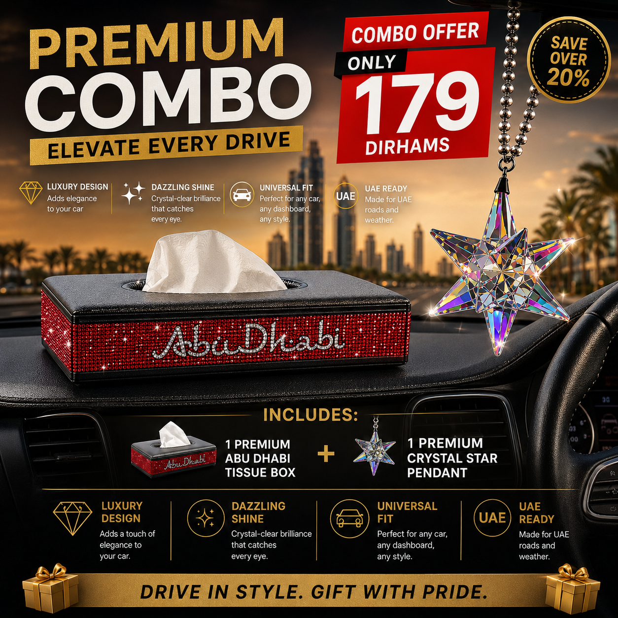 Premium Car Combo – Crystal Hanging Star + Abu Dhabi Crystal Shing Tissue Box