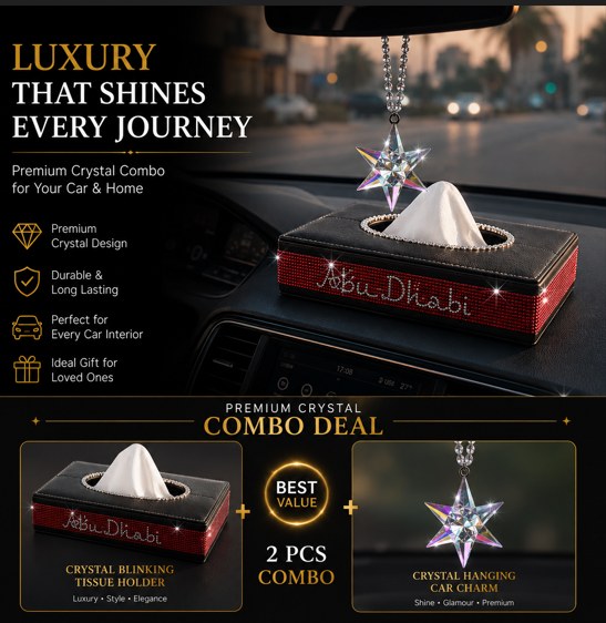 Premium Car Combo – Crystal Hanging Star + Abu Dhabi Crystal Shing Tissue Box