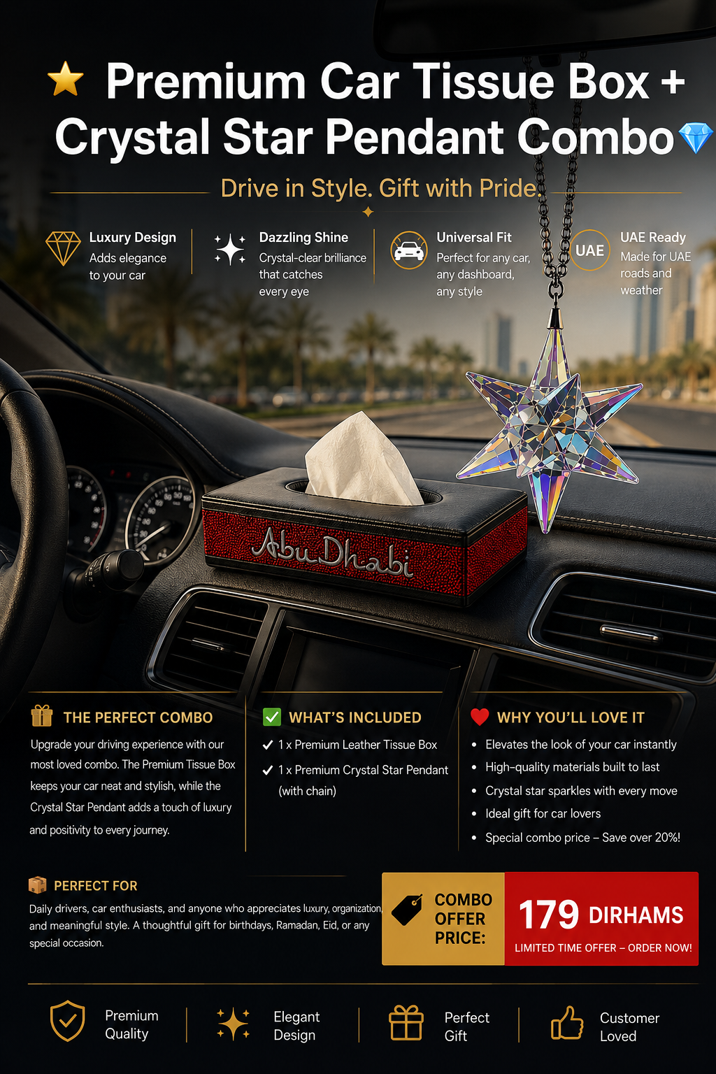 Premium Car Combo – Crystal Hanging Star + Abu Dhabi Crystal Shing Tissue Box