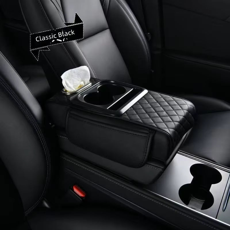 Car armrest organizer with cup holder and tissue holder
