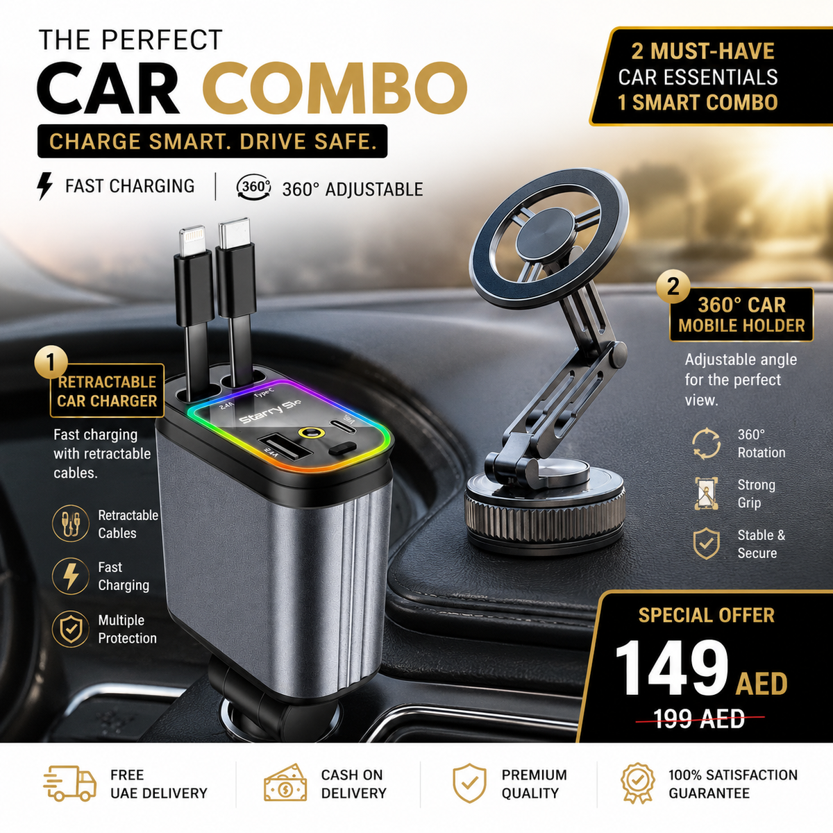 🚗 Premium Car Essentials Combo – 360° Orange Magnetic Phone Holder + Retractable Car Charger