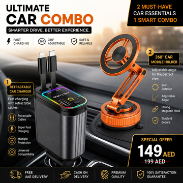 🚗 Premium Car Essentials Combo – 360° Orange Magnetic Phone Holder + Retractable Car Charger