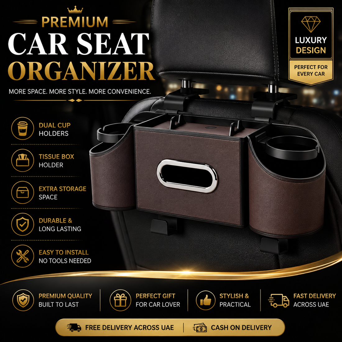 Car Rear Seat Storage Organizer with Tissue Box , Tidy Hook , Phone &amp; Cup Holder