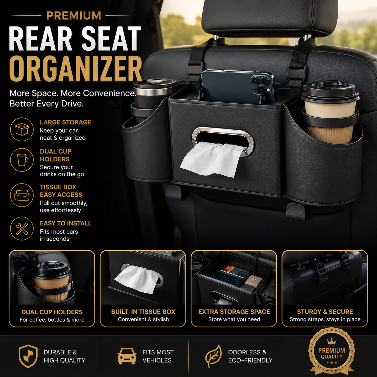 Car Rear Seat Storage Organizer with Tissue Box , Tidy Hook , Phone &amp; Cup Holder