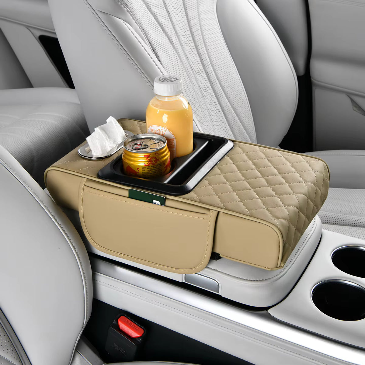 Car armrest organizer with cup holder and tissue holder