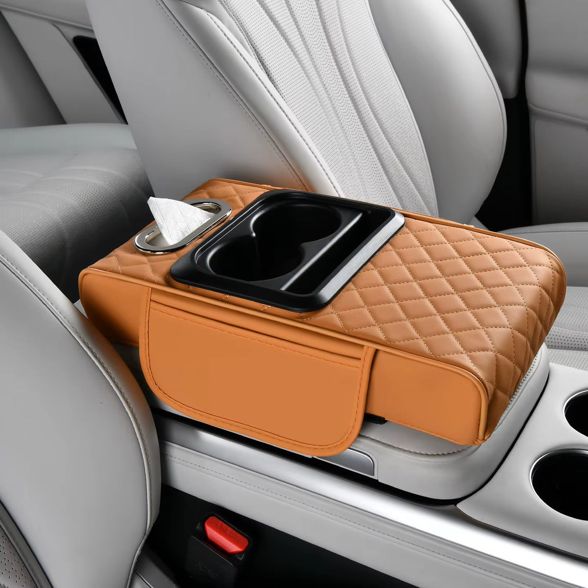 Car armrest organizer with cup holder and tissue holder
