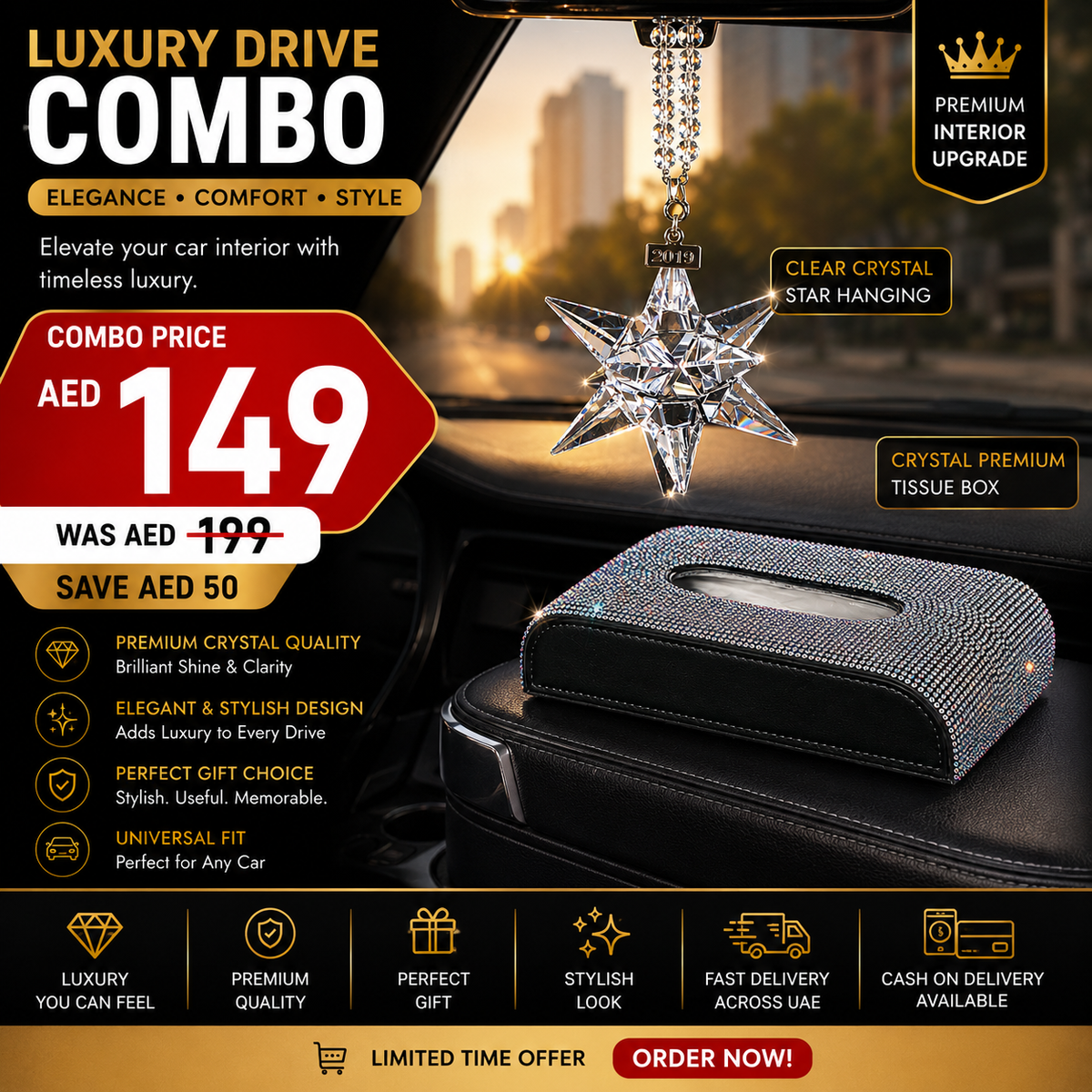 Luxury Crystal Interior Combo : Premium Crystal Hanging + Crystal Tissue Box