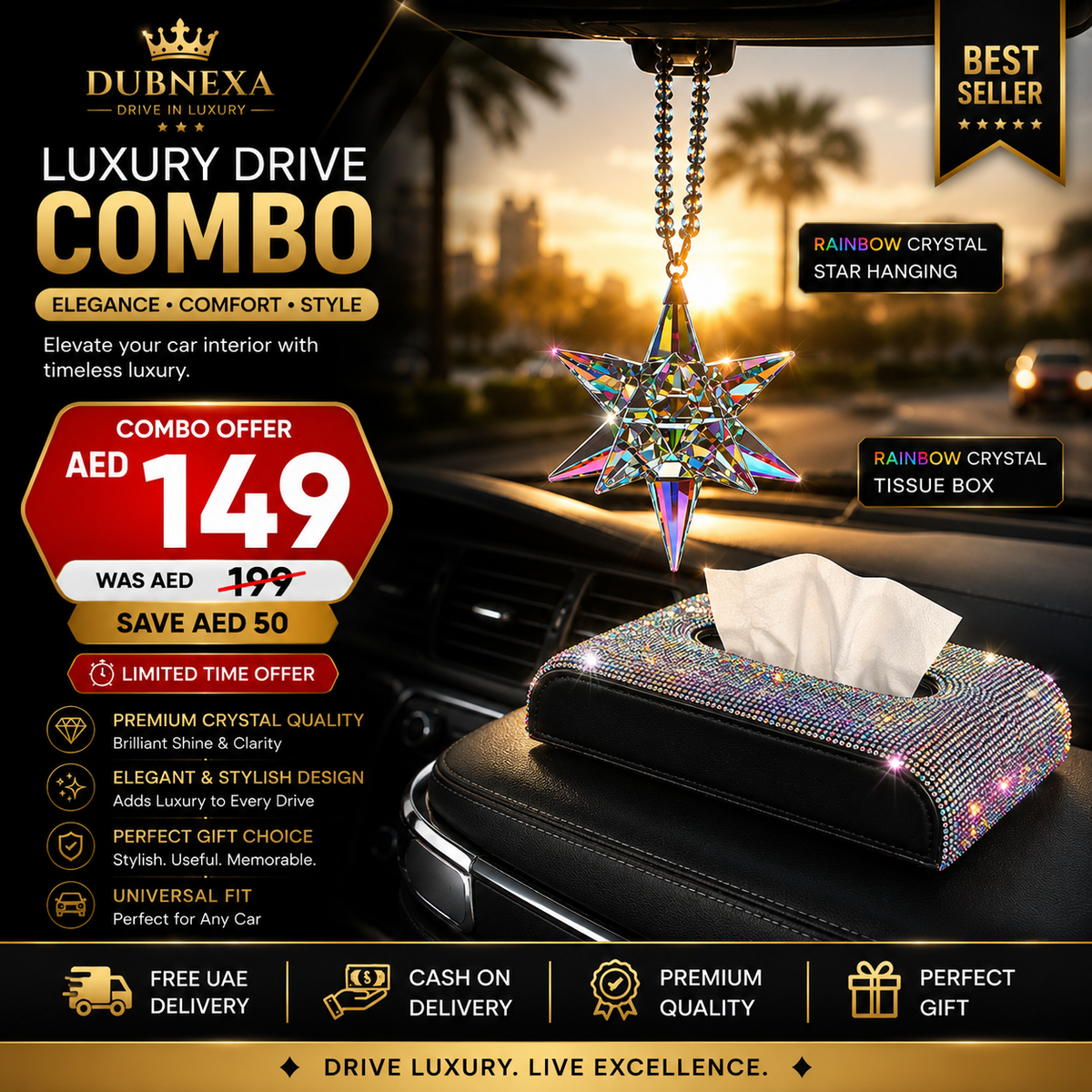 Luxury Crystal Interior Combo : Premium Crystal Hanging + Crystal Tissue Box