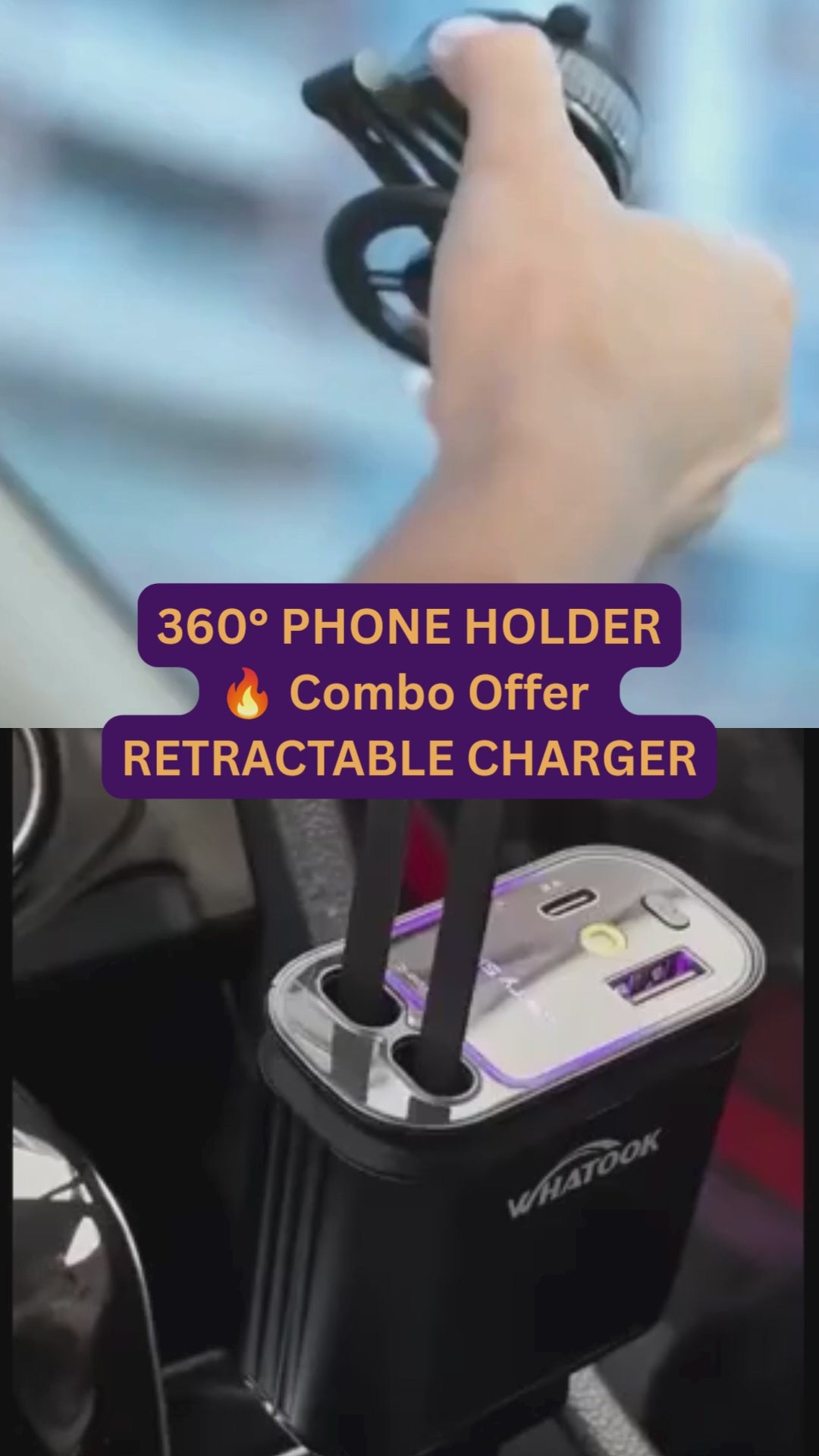 🚗 Premium Car Essentials Combo – 360° Orange Magnetic Phone Holder + Retractable Car Charger