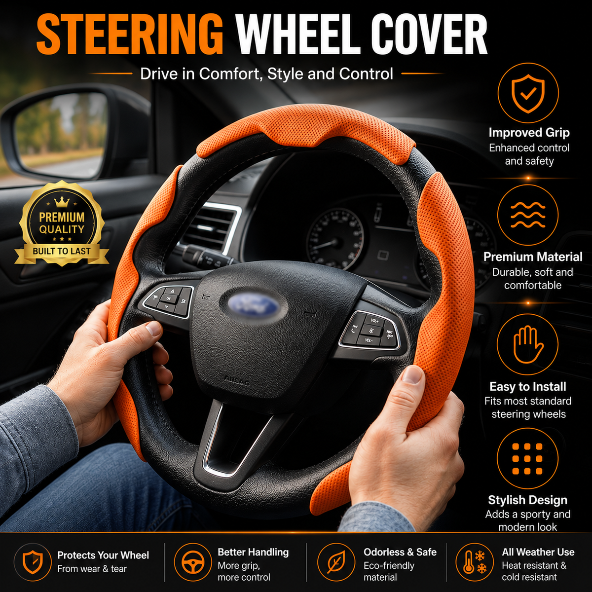 PREMIUM SPORTY UNIVERSAL STEERING WHEEL COVER (ANTI SLIP - NEPPA LEATHER)